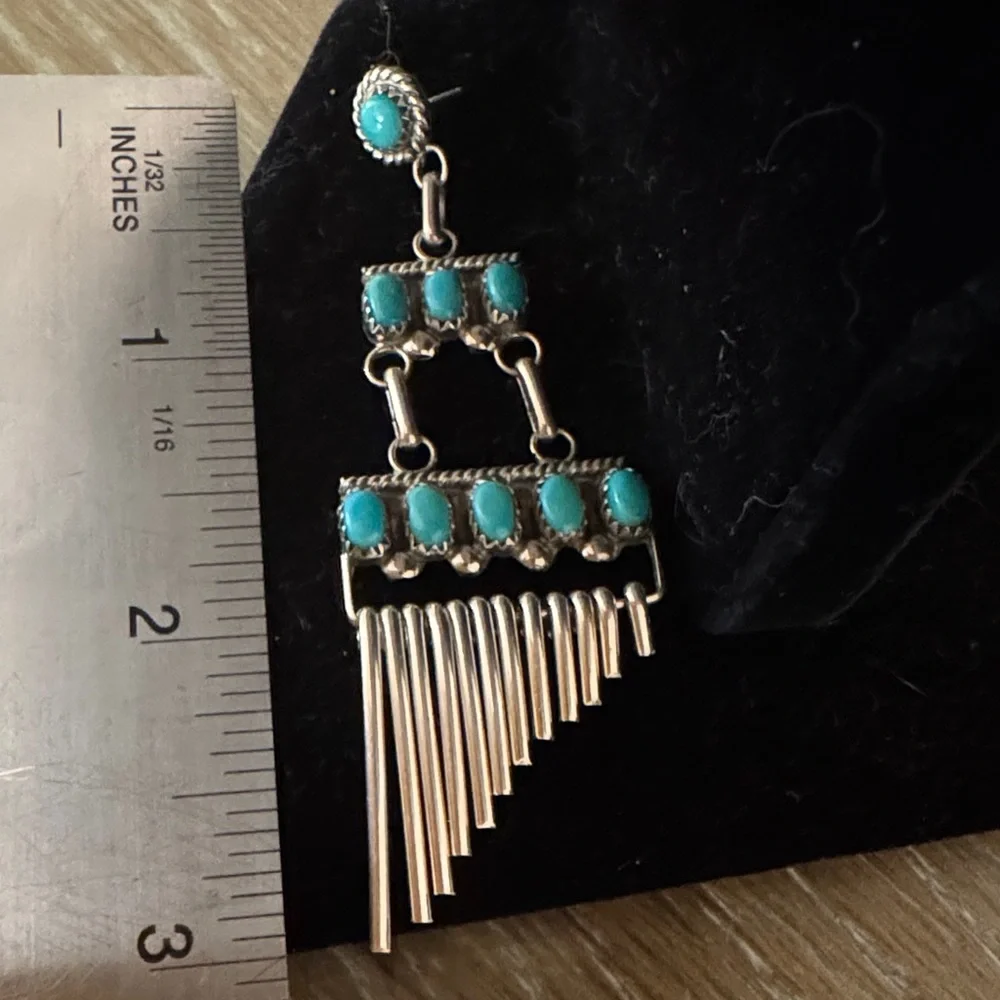 Zuni Turquoise  Boho Earrings Silver-signed Southwestern Native American - Picture 5 of 5